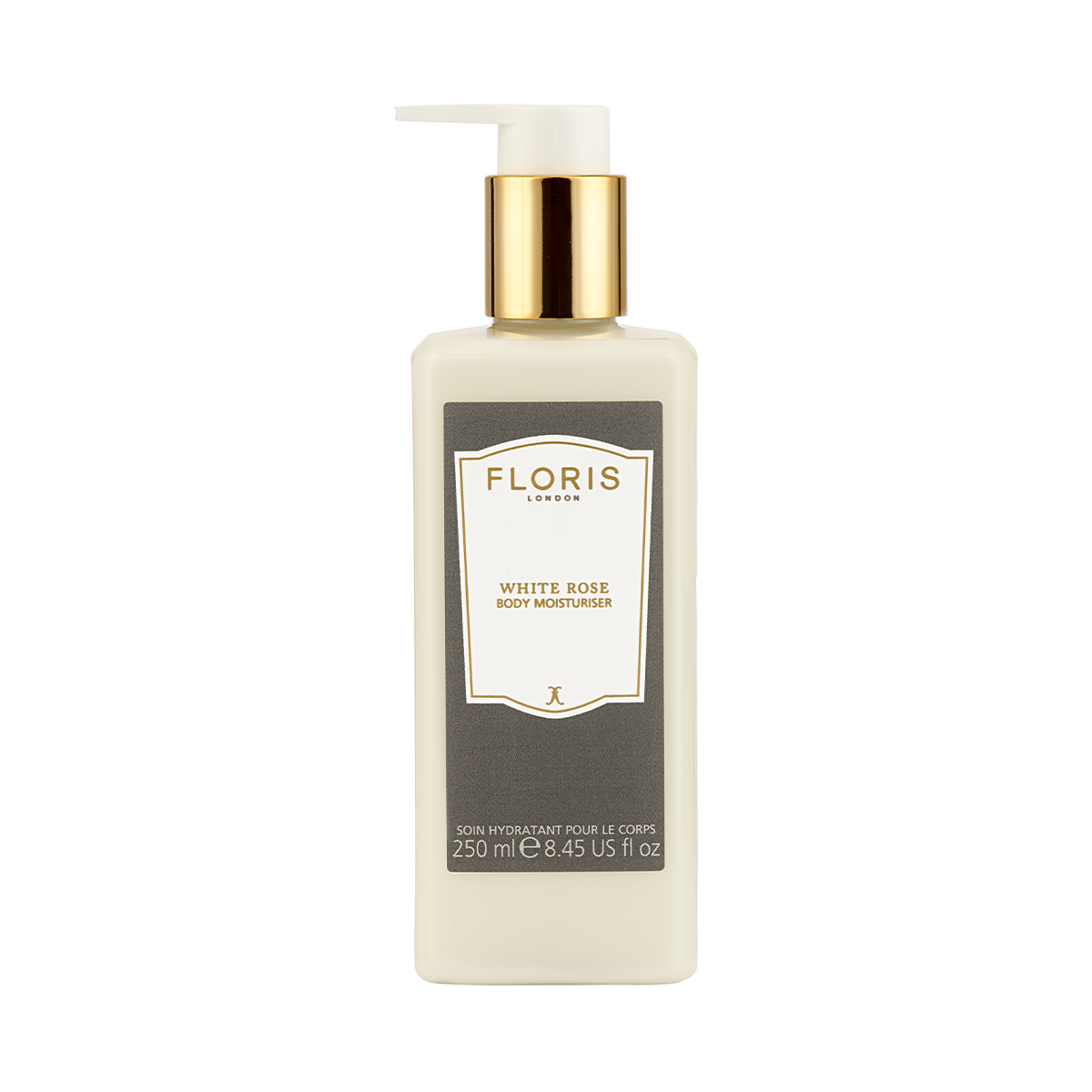 Floris London White Rose - Enriched Body Moisturiser, 250ml bottle with pump, contains sweet almond oil and anti-ageing vitamin E.