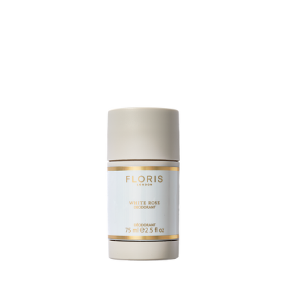 Floris London's White Rose Deodorant Stick, 75ml, in a beige and gold design, is ideal for sensitive skin with added vitamin E for nourishment.