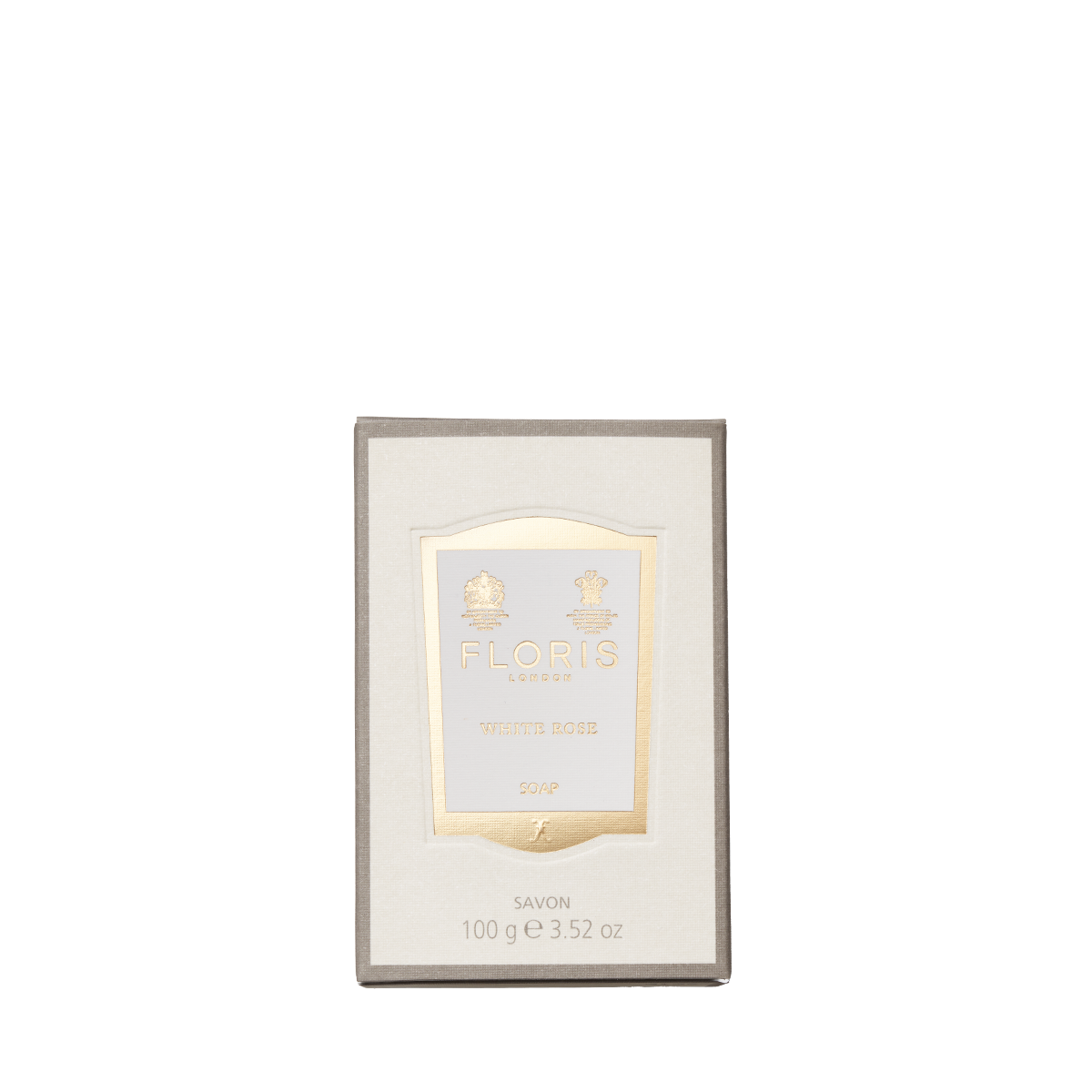A 100g box of Floris London White Rose - Luxury Soap, featuring a gold and white label on the front.