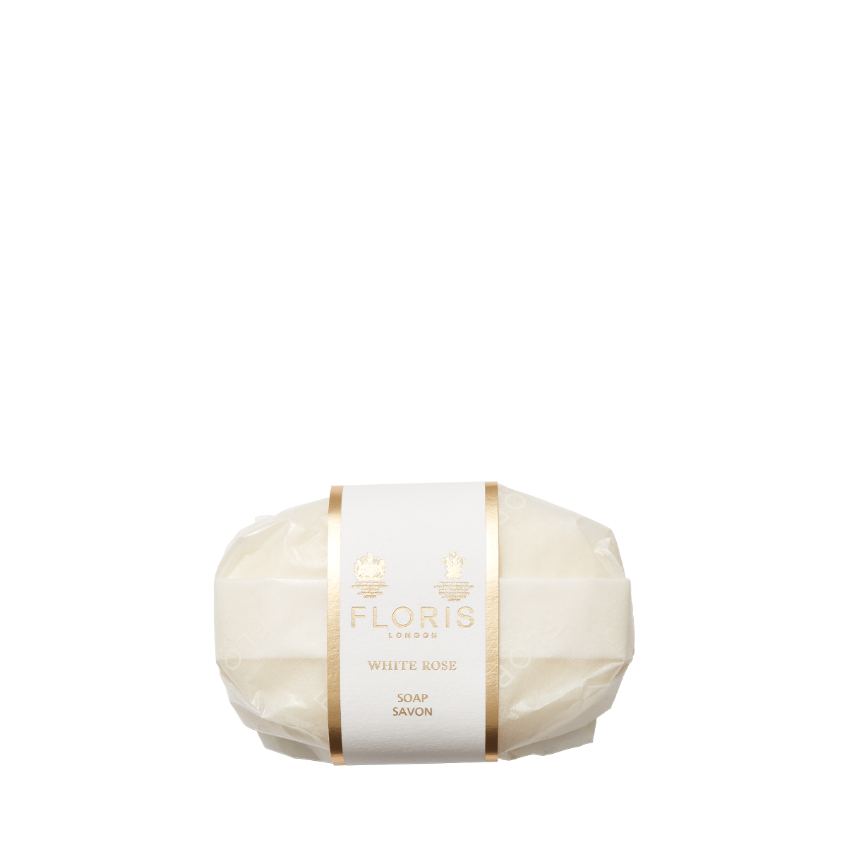 Floris London White Rose - Luxury Soap: a gentle, vegetable-based bar with a white and gold label, perfect for a luxurious handwashing experience.