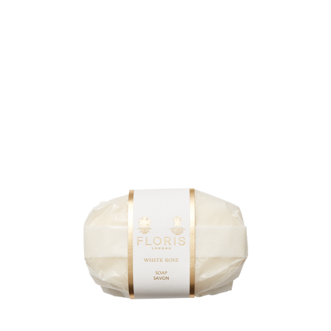 Floris London White Rose - Luxury Soap: a gentle, vegetable-based bar with a white and gold label, perfect for a luxurious handwashing experience.